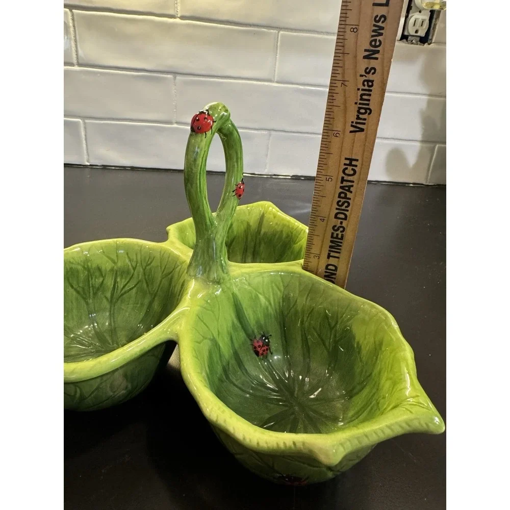 PIER 1 Imports LADYBUG 3 Section Green Leaf Condiment Dip Bowl‎ Serving Handle